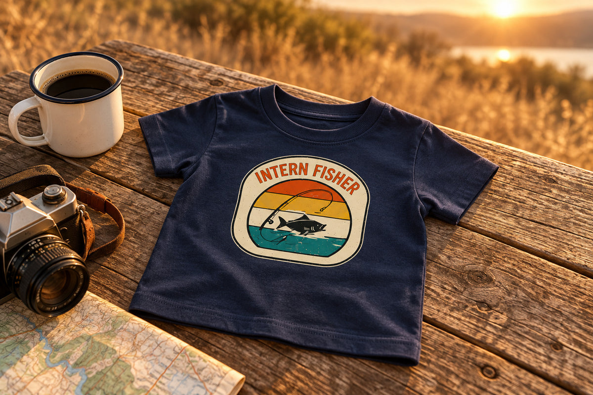 Baby tee, Intern Fisher Vintage Sunset badge Infant Tee, - Navy on a rustic wooden table | MR7ART
