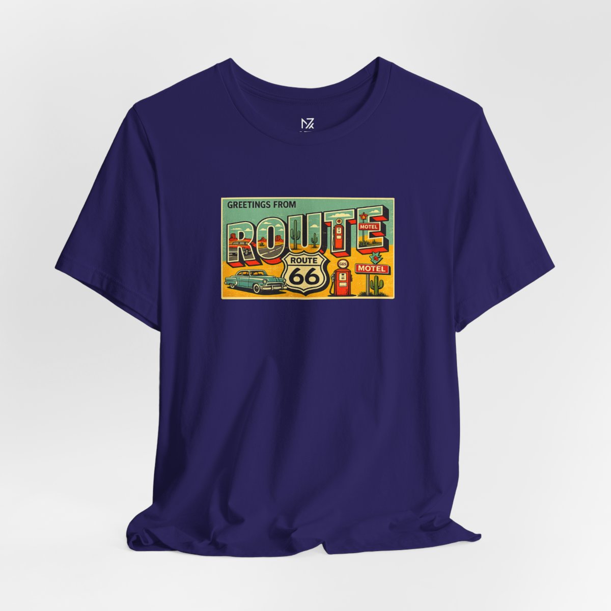 Route 66 Postcard design T-Shirt - Team Navy flat lay | MR7ART