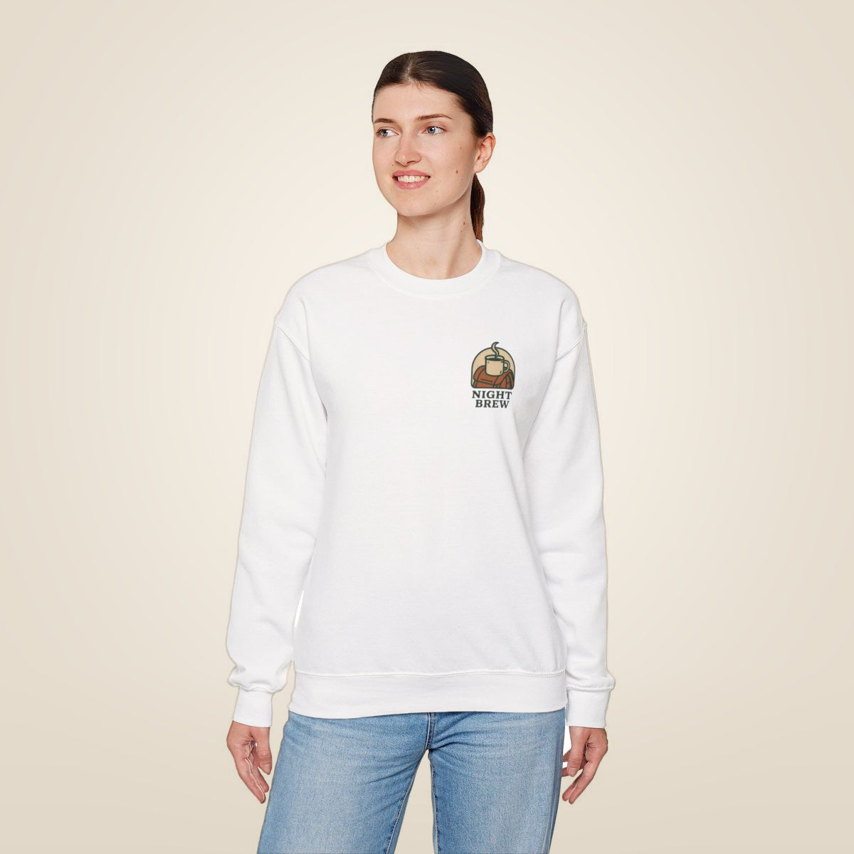 Camping Coffee Sweatshirt - White worn by a model | MR7ART