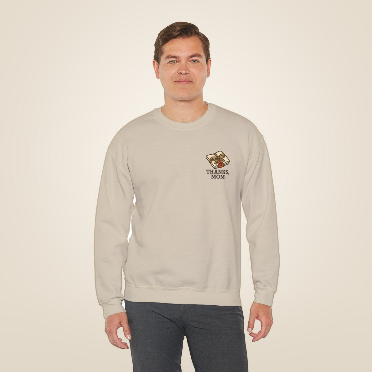 Thanks Mom Thanksgiving Sweatshirt - Sand worn by a model | MR7ART