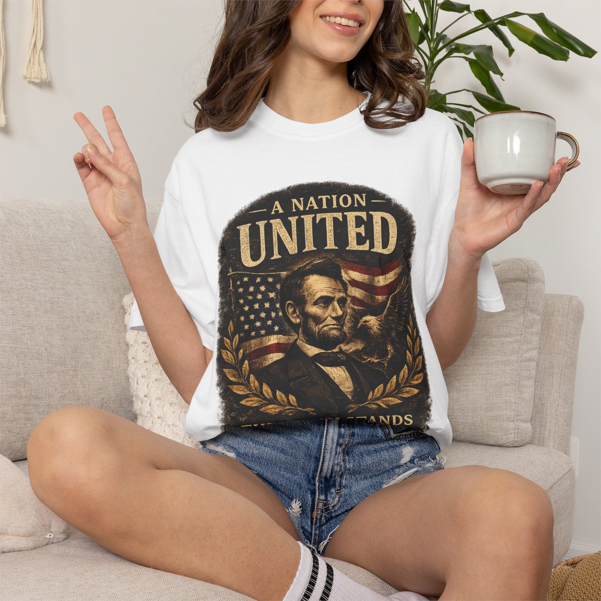 Vintage Lincoln Patriotic Shirt, A Nation United Tee, Abraham Lincoln Graphic T-Shirt, USA Flag Shirt, American History Tee, Civil War Shirt - White product photo | MR7ART