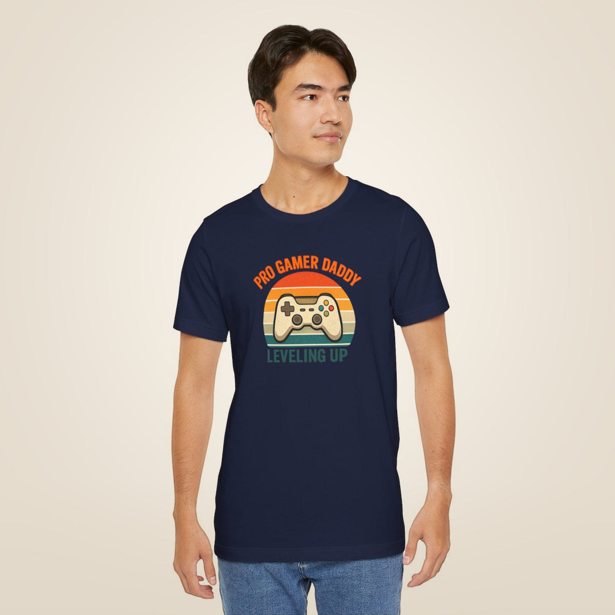 Pro Gamer Daddy Leveling Up T-Shirt - Navy worn by a model | MR7ART