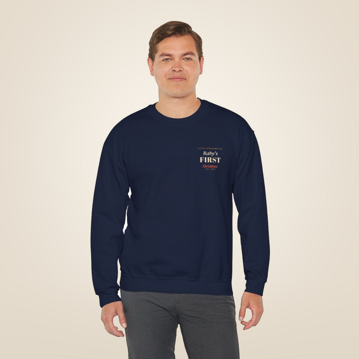 Baby's First Christmas Sweatshirt - Navy worn by a model | MR7ART