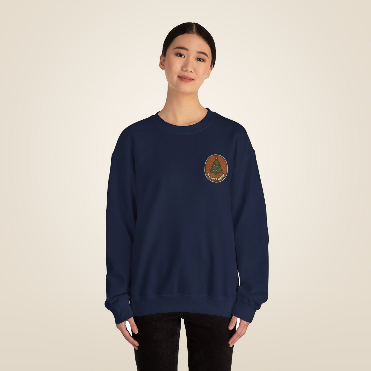 Christmas Tree Sweatshirt - Navy worn by a model | MR7ART