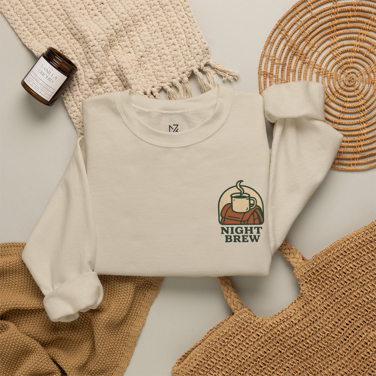 Camping Coffee Sweatshirt - Sand folded flat lay | MR7ART