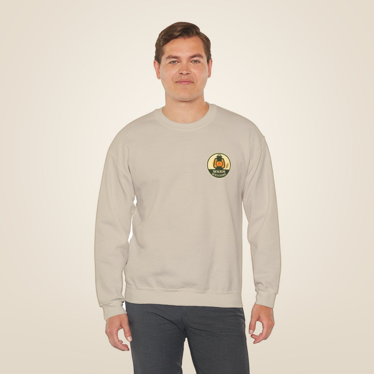Thanksgiving Host Gift Sweatshirt - Sand worn by a model | MR7ART