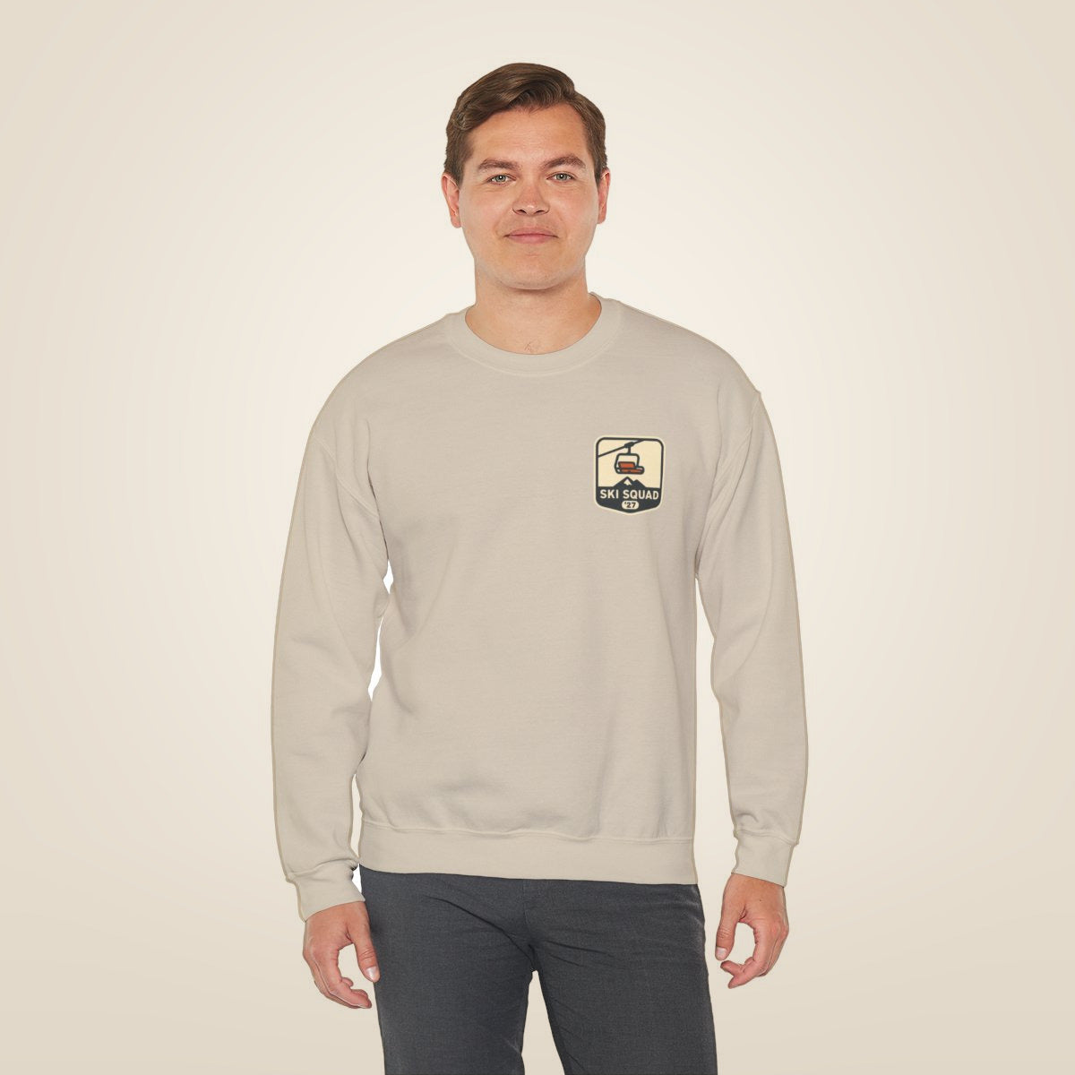 Ski Trip Sweatshirt - Sand worn by a model | MR7ART