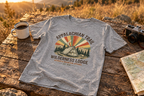 Appalachian Trail Wilderness Lodge Tee - Athletic Heather on a rustic wooden table | MR7ART