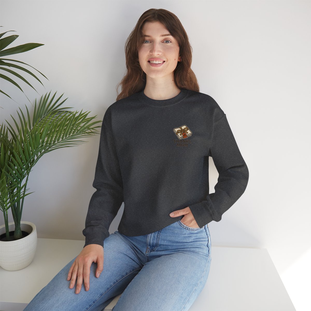 Thanks Mom Thanksgiving Sweatshirt - Dark Heather worn by a model | MR7ART