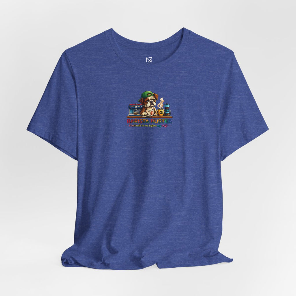 Barista Buster Coffee Monster T-Shirt - Heather True Royal flat lay | MR7ART