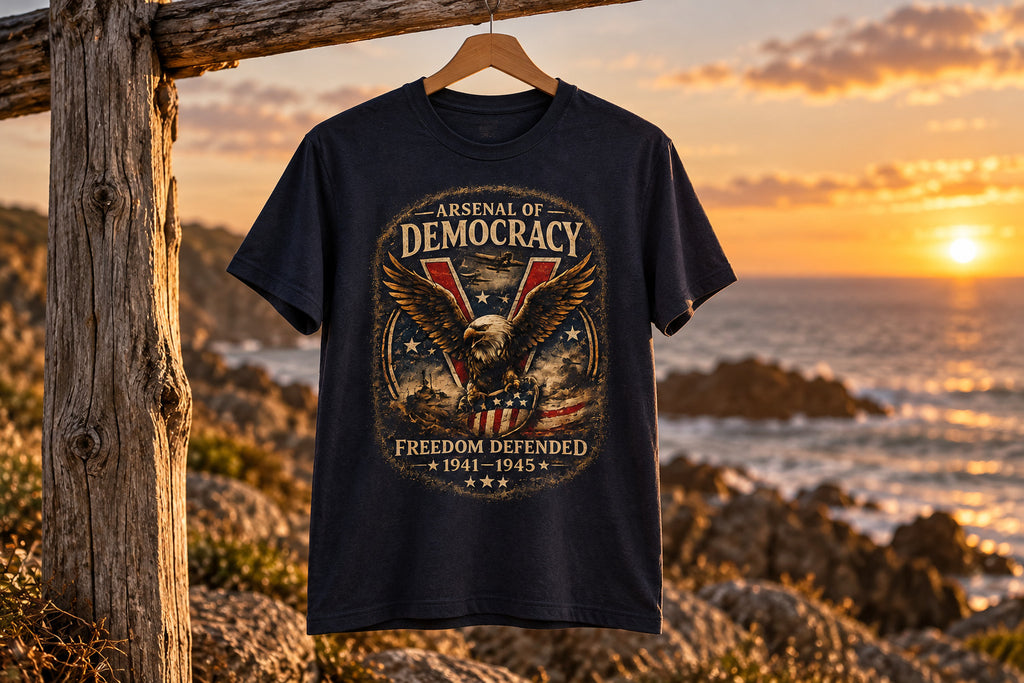 Arsenal of Democracy Shirt, WWII Patriotic Tee, Vintage Eagle Graphic T-Shirt, Freedom Defended 1941 1945 Shirt, American Pride Tee - True Navy on a wooden hanger outdoors | MR7ART