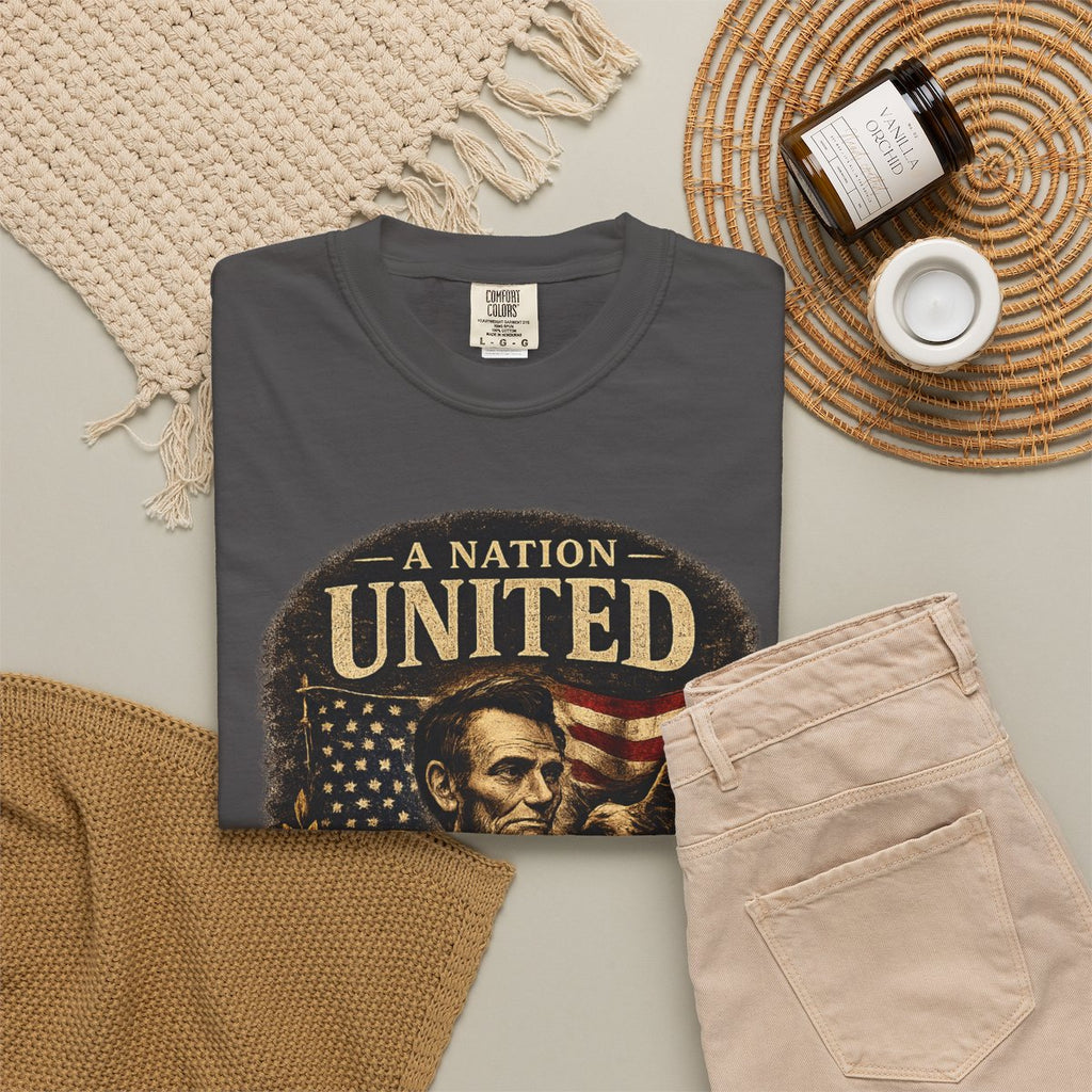 Vintage Lincoln Patriotic Shirt, A Nation United Tee, Abraham Lincoln Graphic T-Shirt, USA Flag Shirt, American History Tee, Civil War Shirt - Graphite product photo | MR7ART