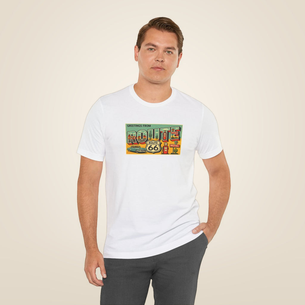 Route 66 Postcard design T-Shirt - White worn by a model | MR7ART