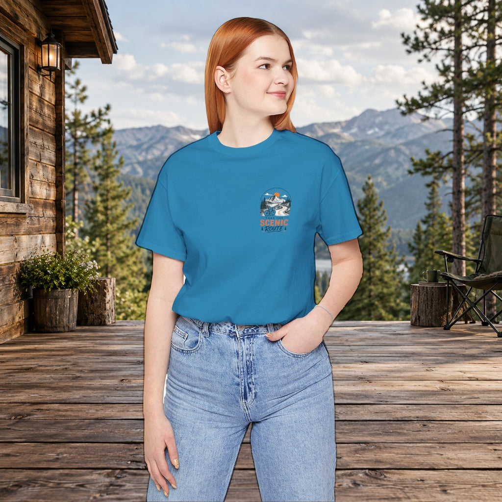 Scenic Route Graphic Tee — Vintage Road Trip Pocket Design - Aqua worn by a model | MR7ART