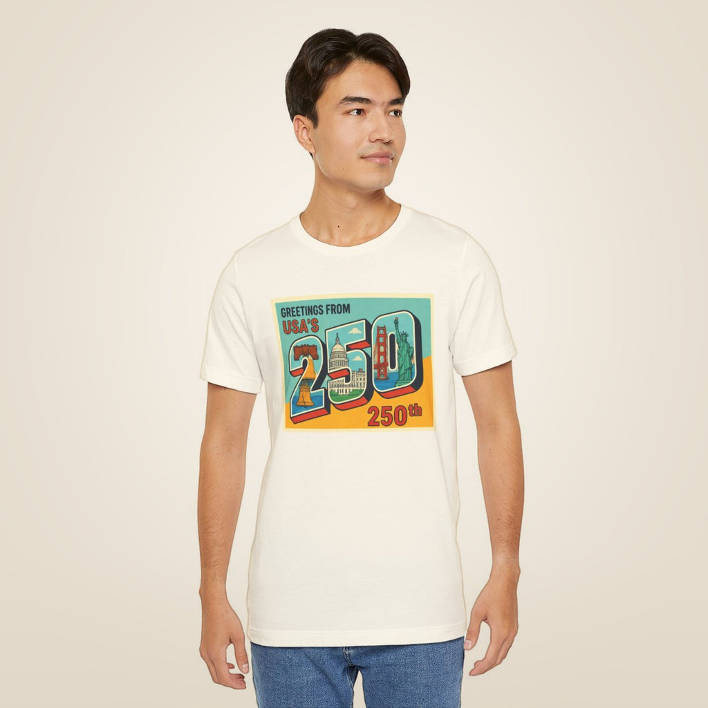 Greetings From USA 250th Vintage Postcard T-Shirt - Natural worn by a model | MR7ART