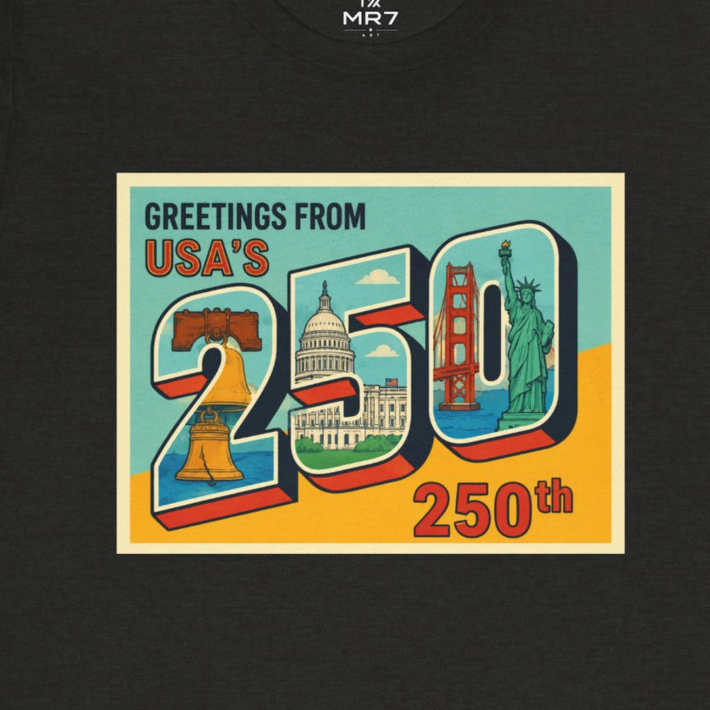 Greetings From USA 250th Vintage Postcard T-Shirt - Black Heather worn by a model | MR7ART