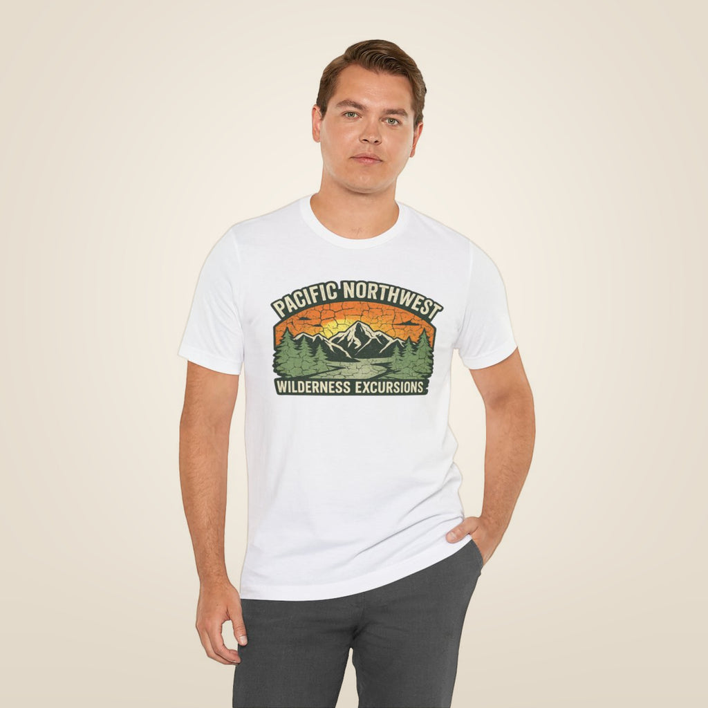 Pacific Northwest Wilderness Excursions T-Shirt - White worn by a model | MR7ART