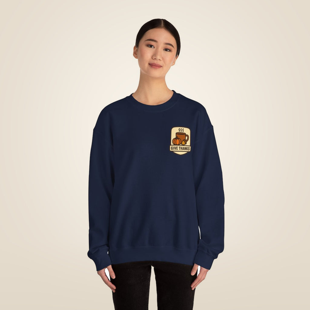 Thanksgiving Sweatshirt - Navy worn by a model | MR7ART