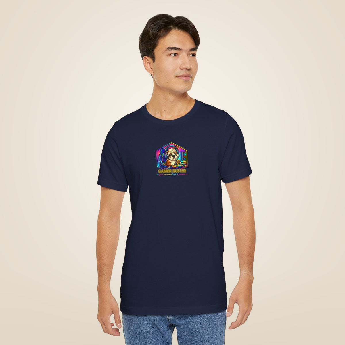 Retro Gamer Skull tee - Navy worn by a model | MR7ART
