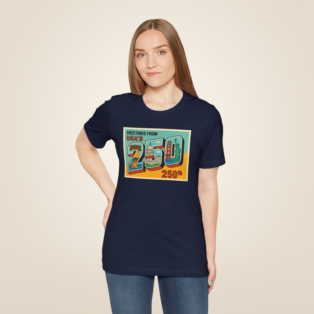 Greetings From USA 250th Vintage Postcard T-Shirt - Navy worn by a model | MR7ART