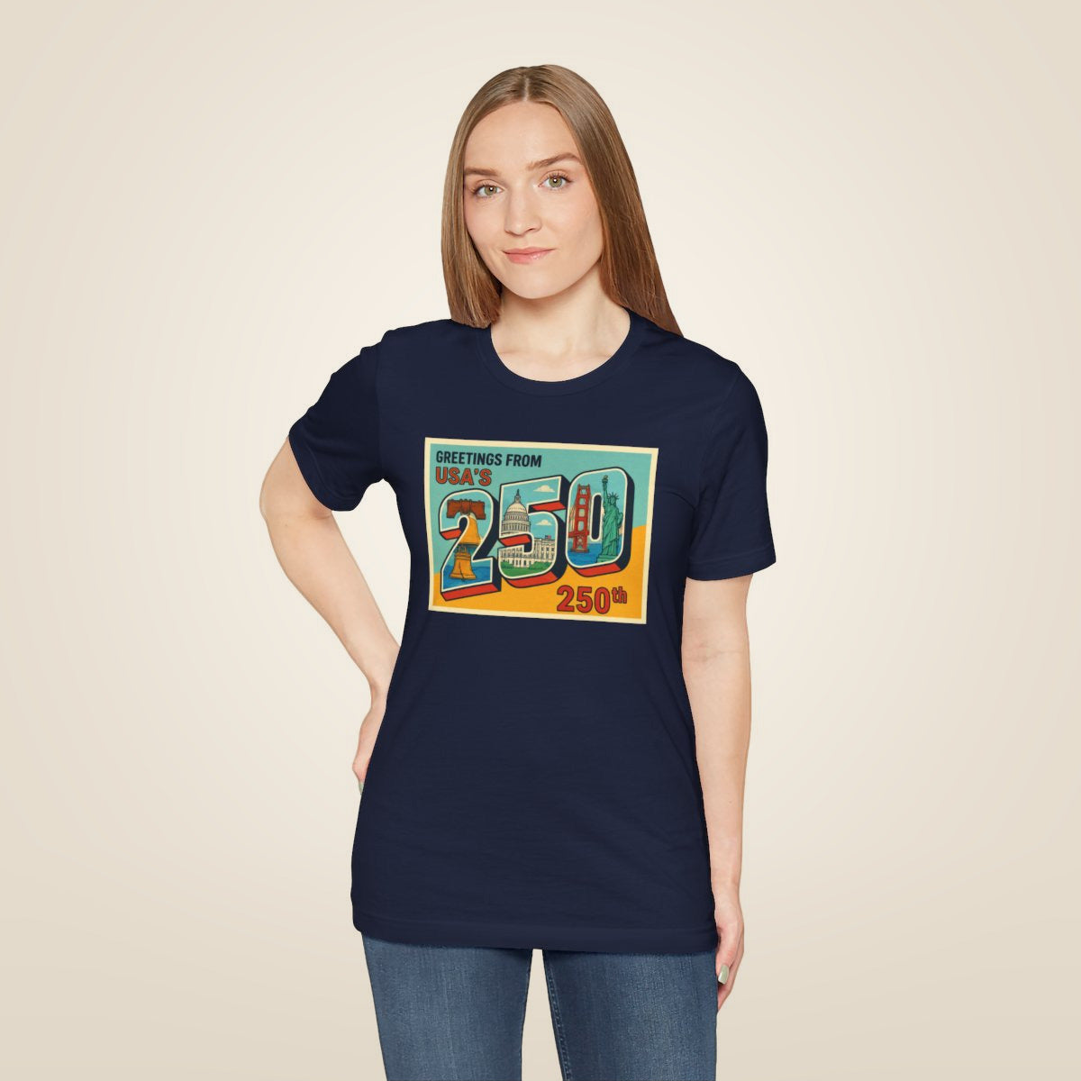 Greetings From USA 250th Vintage Postcard T-Shirt - Navy worn by a model | MR7ART