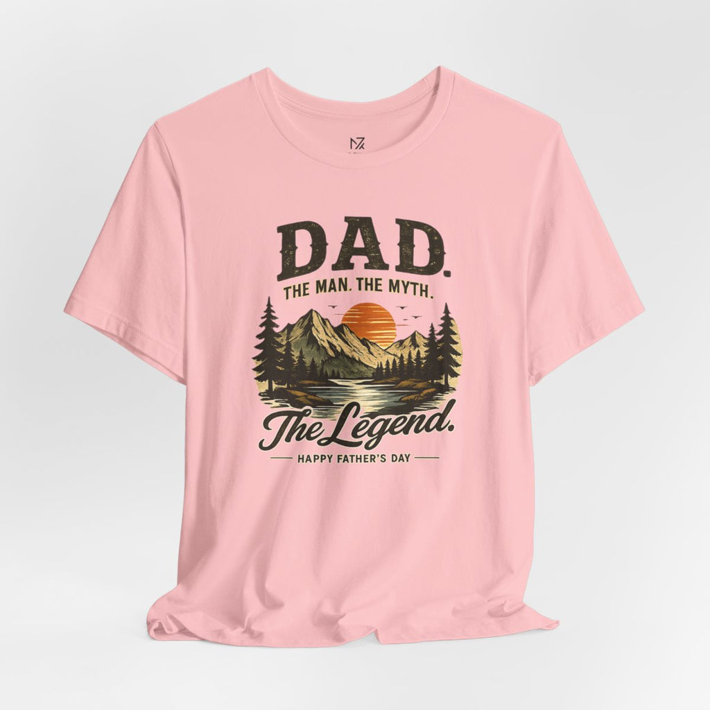Dad The Man The Myth The Legend Shirt, Funny Fathers Day Shirt, Matching Dad Son Shirt, Outdoor Mountain Graphic Tee, Gift for Dad - Pink flat lay | MR7ART