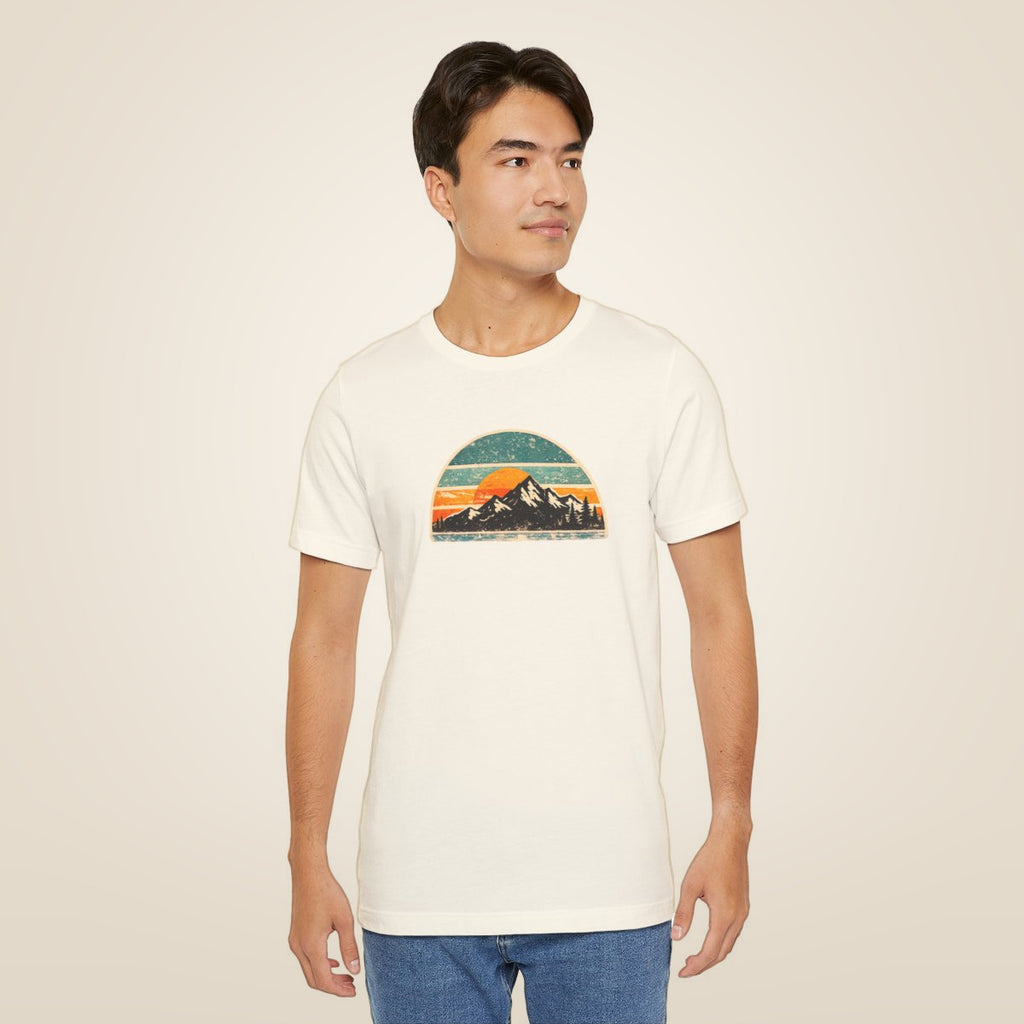 Retro Mountain Sunset Tee - Natural worn by a model | MR7ART