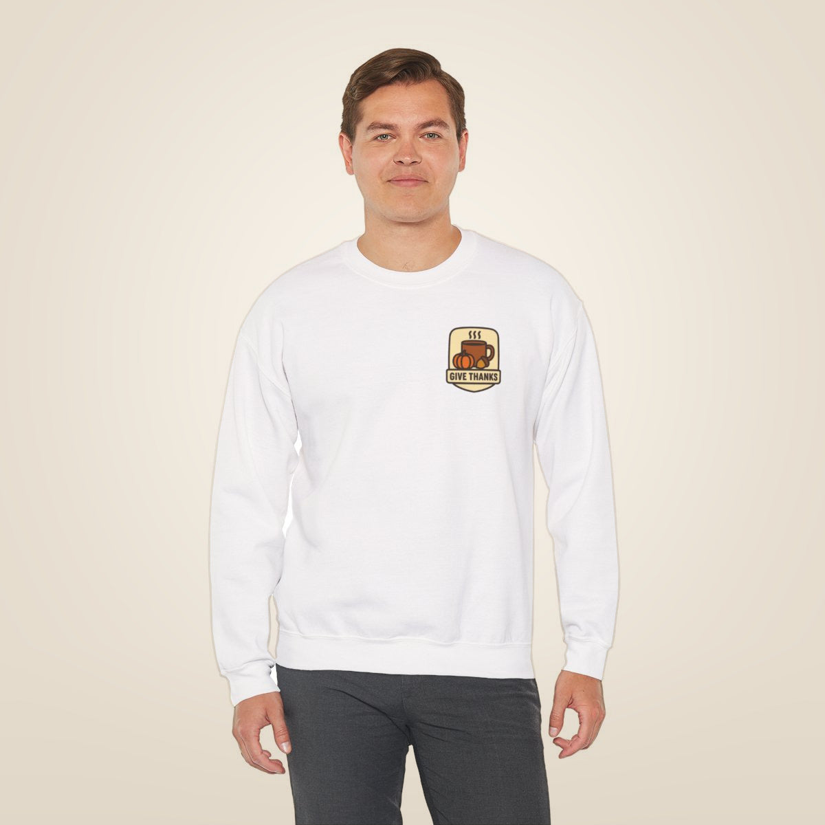 Thanksgiving Sweatshirt - White worn by a model | MR7ART