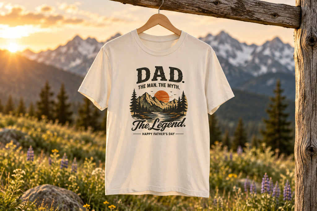 Dad The Man The Myth The Legend Shirt, Funny Fathers Day Shirt, Matching Dad Son Shirt, Outdoor Mountain Graphic Tee, Gift for Dad - Natural on a wooden hanger outdoors | MR7ART