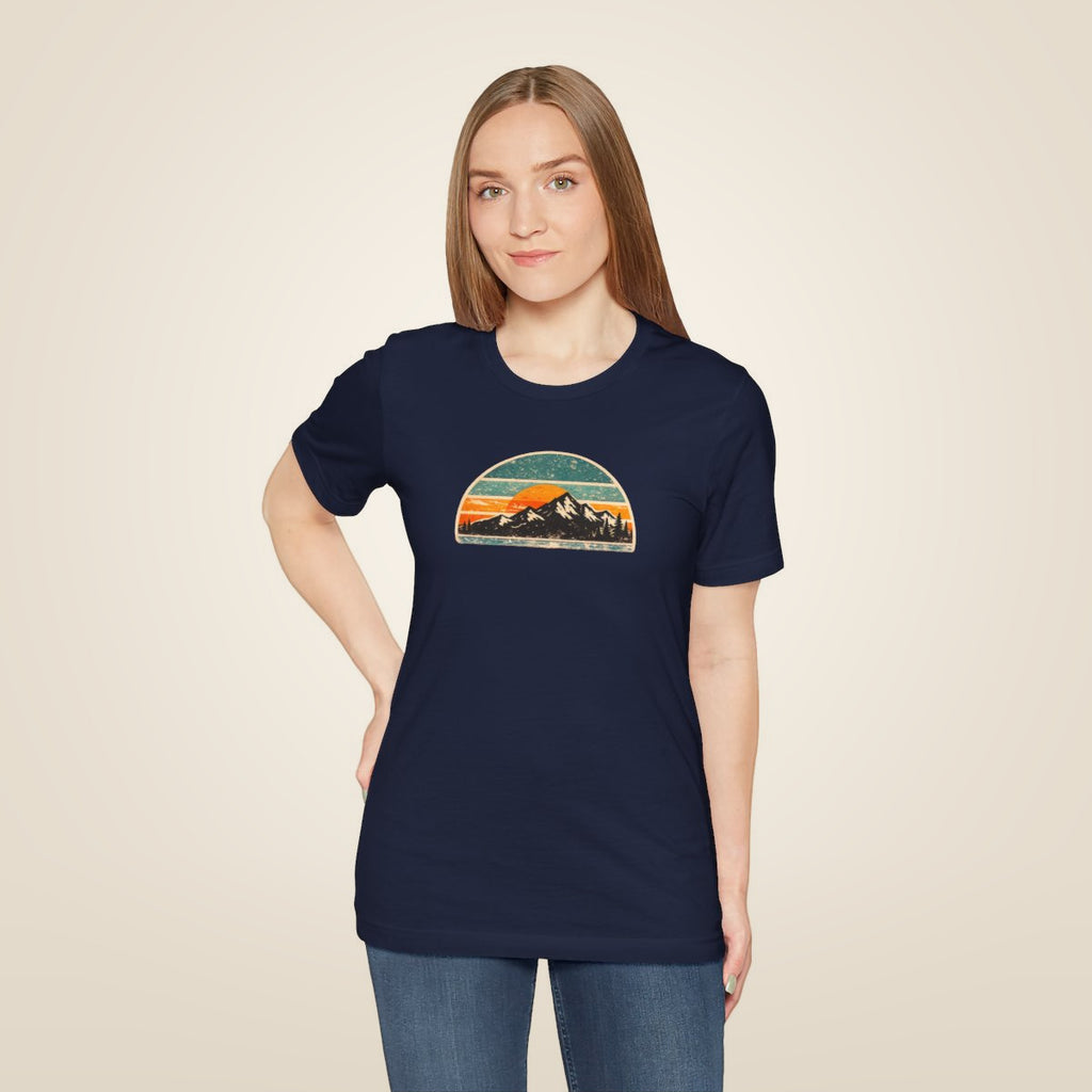Retro Mountain Sunset Tee - Navy worn by a model | MR7ART