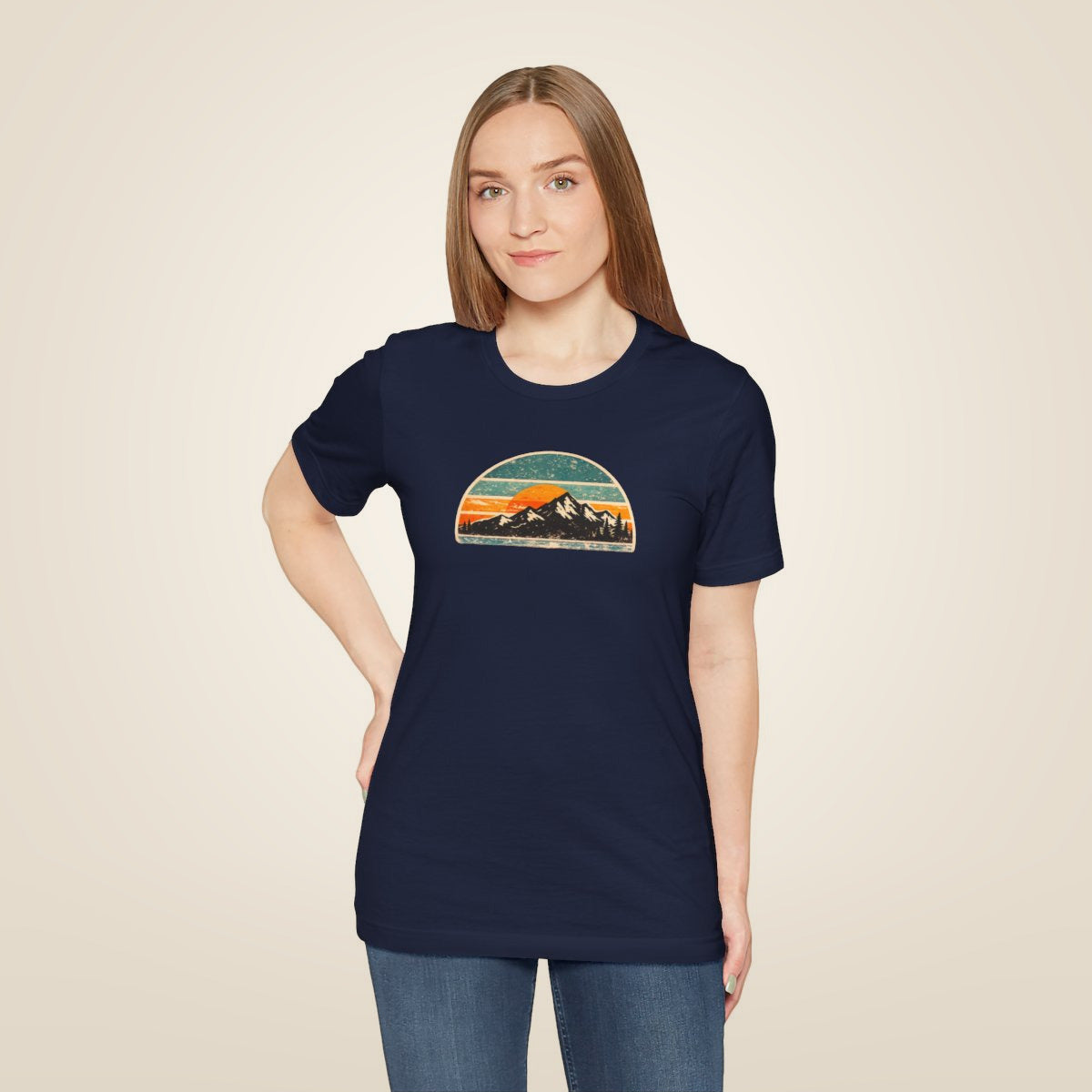 Retro Mountain Sunset Tee - Navy worn by a model | MR7ART