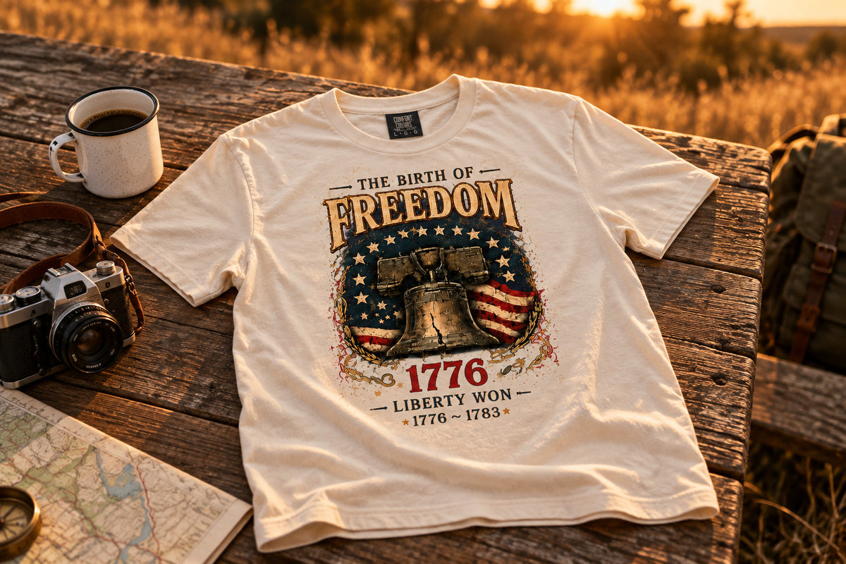The Birth of Freedom 1776 Shirt, Retro America Tee, Vintage USA Flag T-Shirt, Liberty Bell Graphic Tee, Fourth of July Shirt, - Ivory on a rustic wooden table | MR7ART