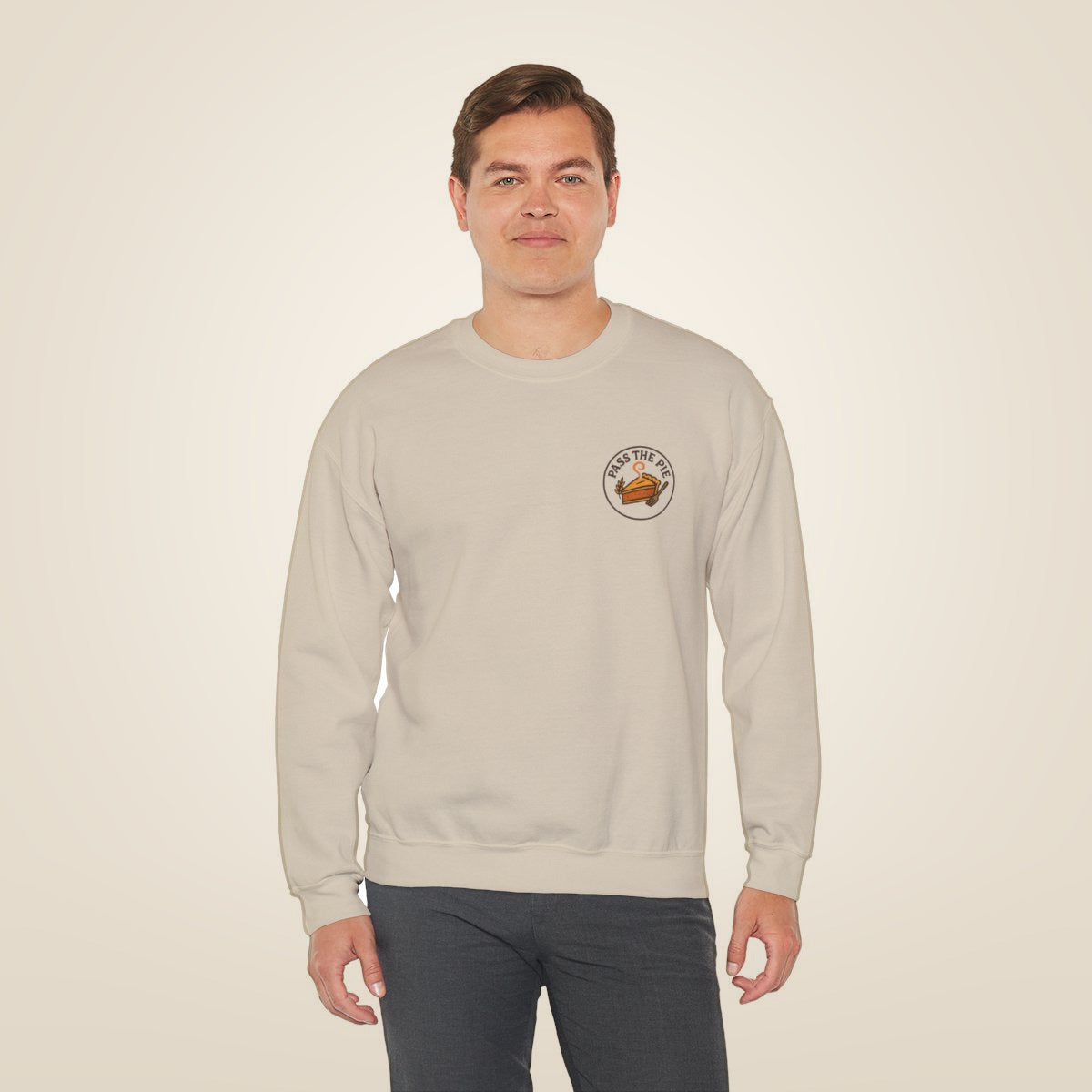 Friendsgiving Sweatshirt - Sand worn by a model | MR7ART