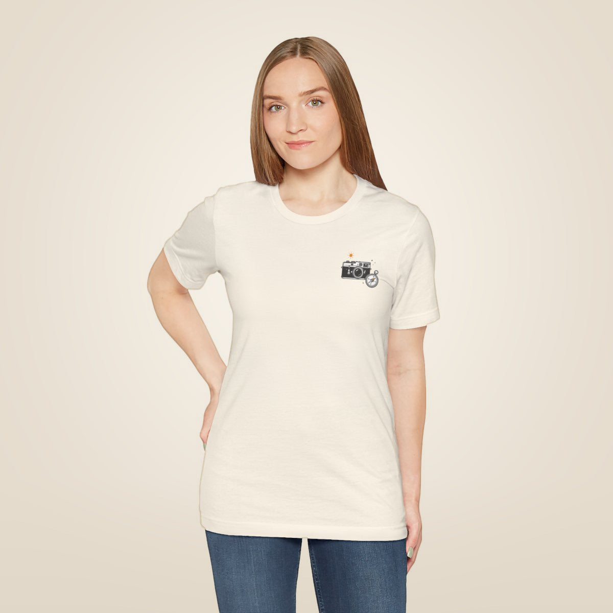 Retro Camera Tee - Natural worn by a model | MR7ART