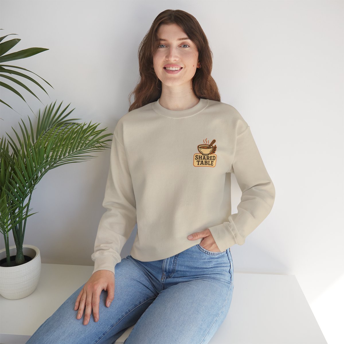 Friendsgiving Sweatshirt - Sand worn by a model | MR7ART