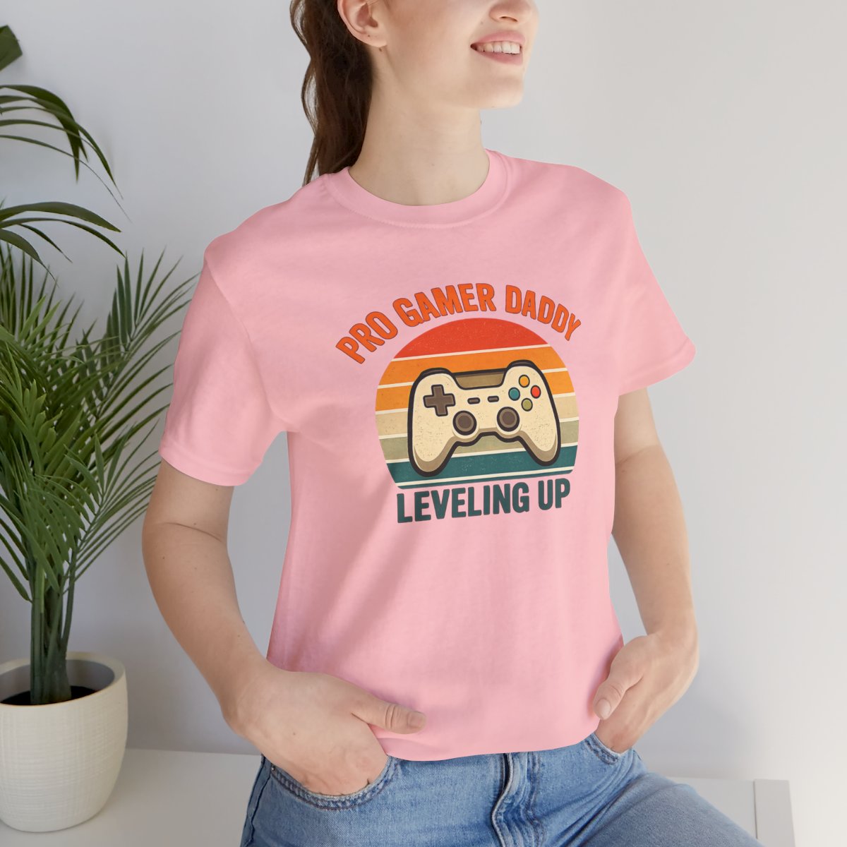 Pro Gamer Daddy Leveling Up T-Shirt - Pink worn by a model | MR7ART
