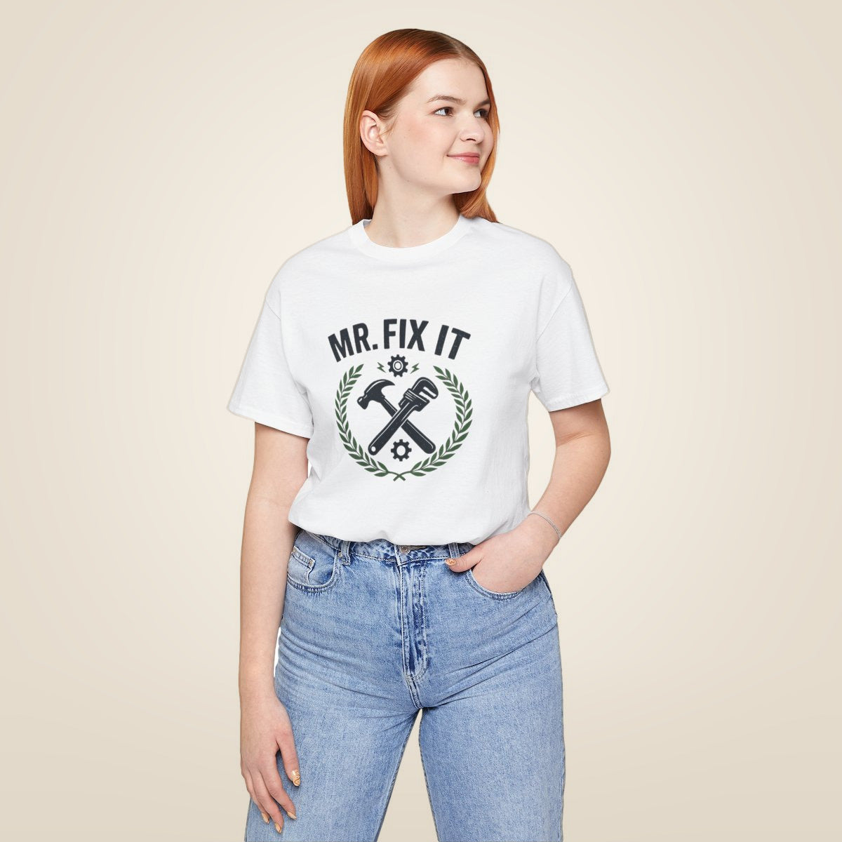 Mr Fix It Dad Shirt - White worn by a model | MR7ART