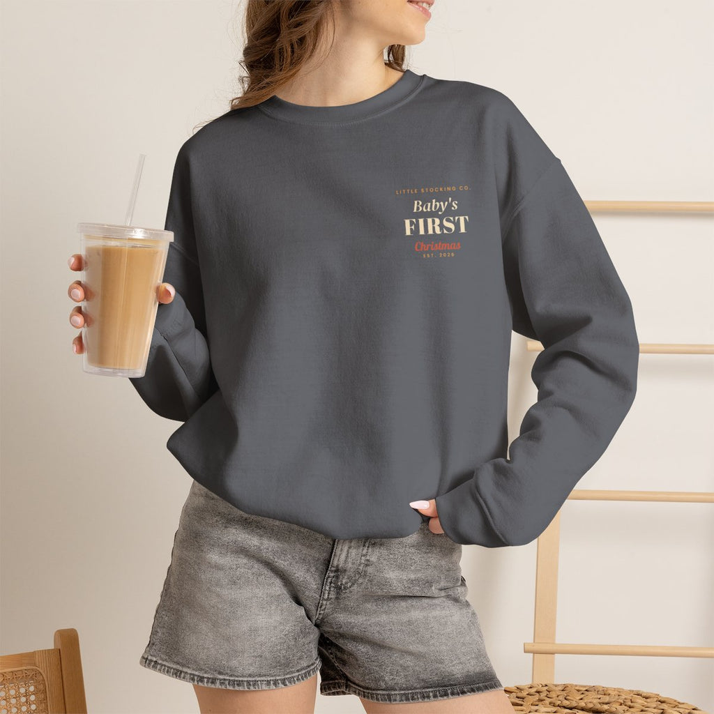 Baby's First Christmas Sweatshirt - Charcoal worn by a model | MR7ART