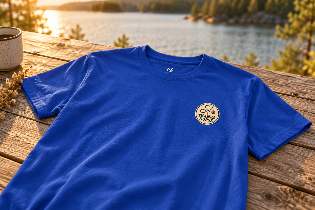 Nurse Thanksgiving Tee - True Royal on a rustic wooden table | MR7ART