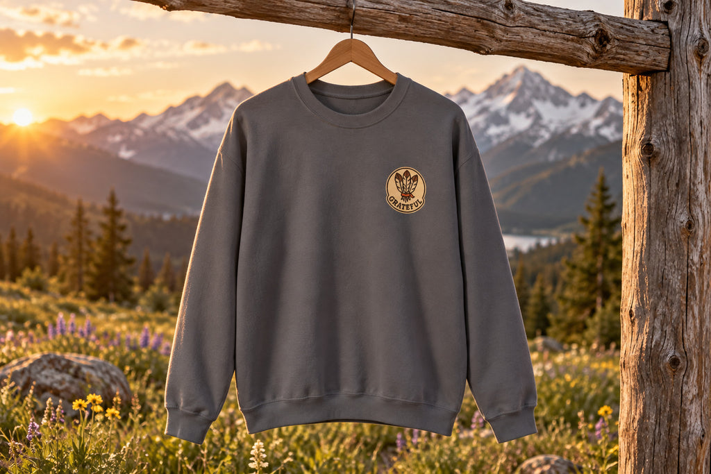 Thanksgiving Hostess Gift Sweatshirt - Charcoal on a wooden hanger outdoors | MR7ART