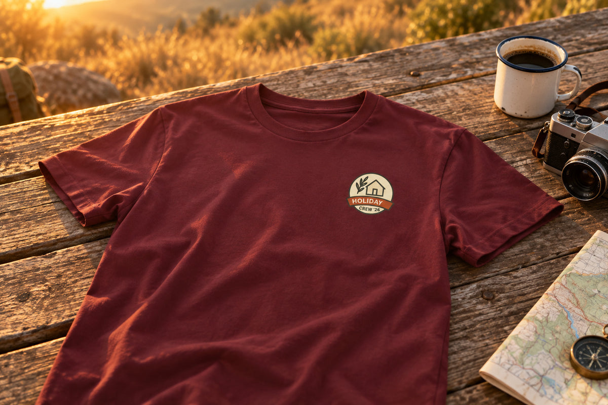 Family Holiday Matching Tee - Maroon on a rustic wooden table | MR7ART