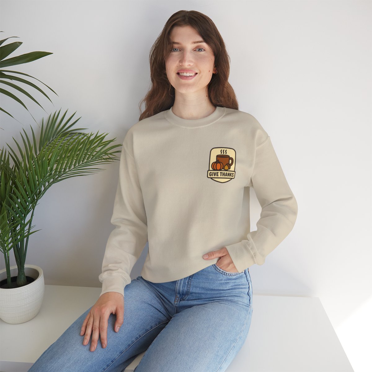 Thanksgiving Sweatshirt - Sand worn by a model | MR7ART