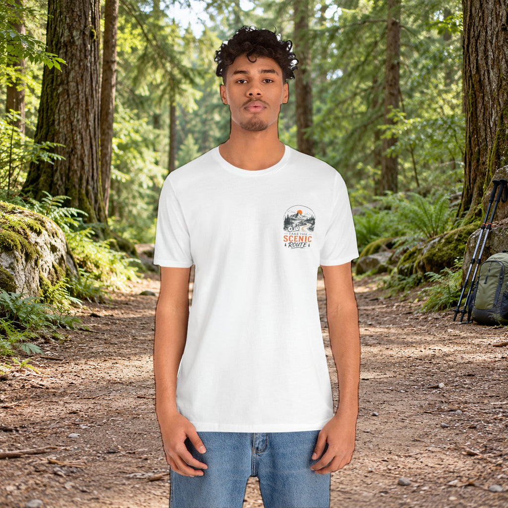 Scenic Route Graphic Tee — Vintage Road Trip Pocket Design - White worn by a model | MR7ART