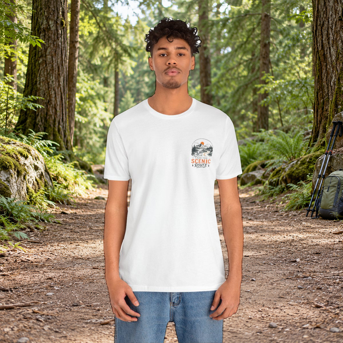 Scenic Route Graphic Tee — Vintage Road Trip Pocket Design - White worn by a model | MR7ART