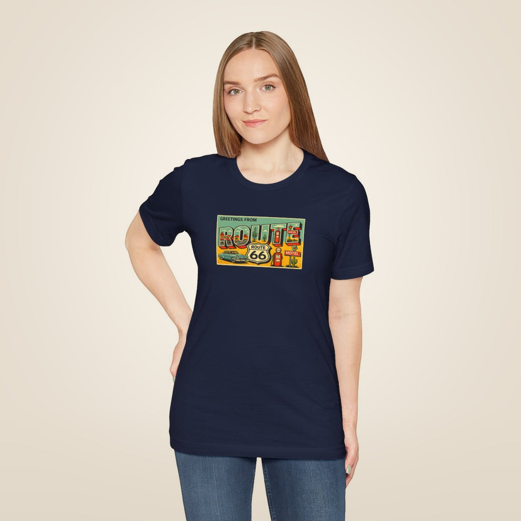 Route 66 Postcard design T-Shirt - Navy worn by a model | MR7ART
