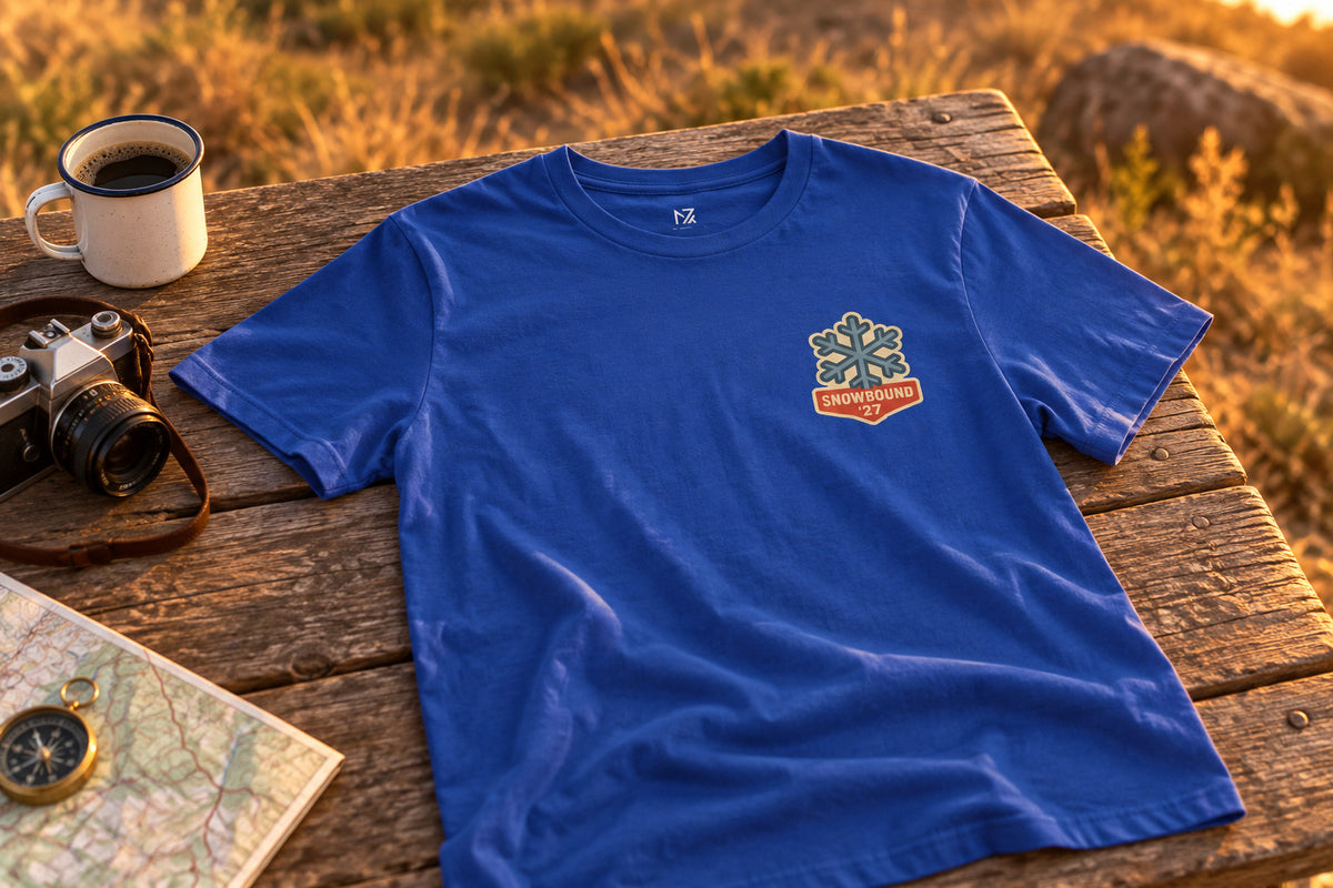Matching Ski Trip Tee - True Royal on a rustic wooden table | MR7ART