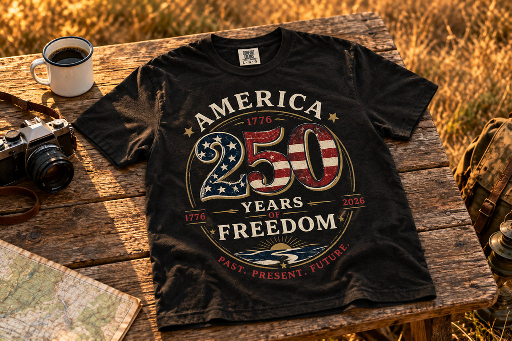America 250 Years of Freedom T-shirt - Black on a rustic wooden table | MR7ART
