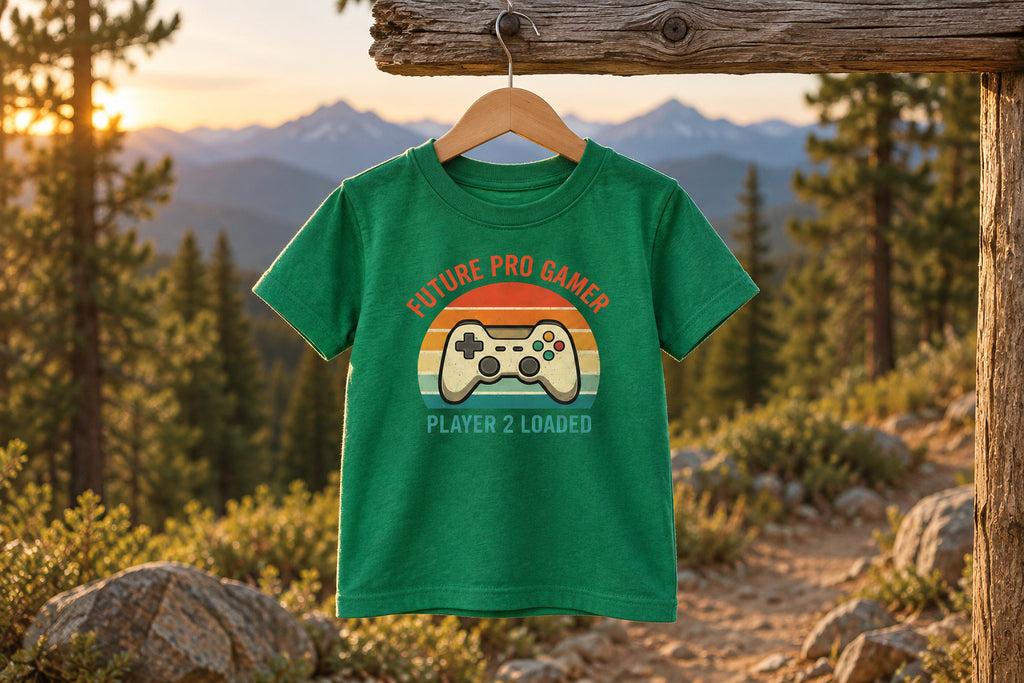 Future Pro Gamer Baby Shirt, Player 2 Loaded Baby Tee, Gamer Baby Gift, Gaming Baby Outfit, Newborn Gamer Shirt, Baby Shower Gift, Baby tee - Kelly on a wooden hanger outdoors | MR7ART