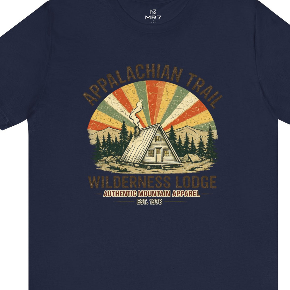 Appalachian Trail Wilderness Lodge Tee - Navy worn by a model | MR7ART