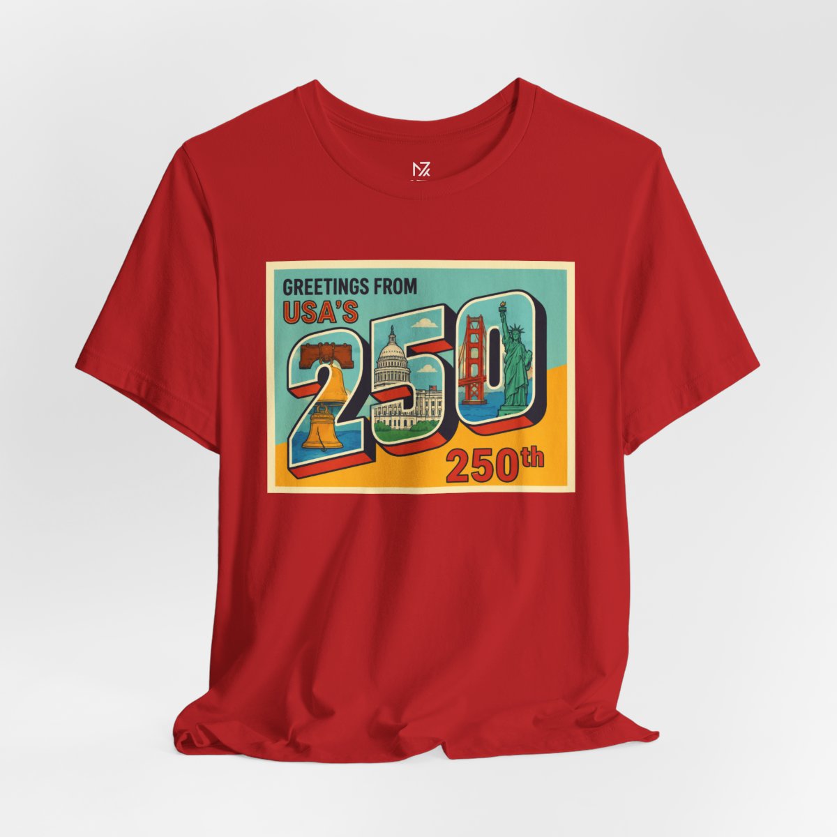 Greetings From USA 250th Vintage Postcard T-Shirt - Red flat lay | MR7ART